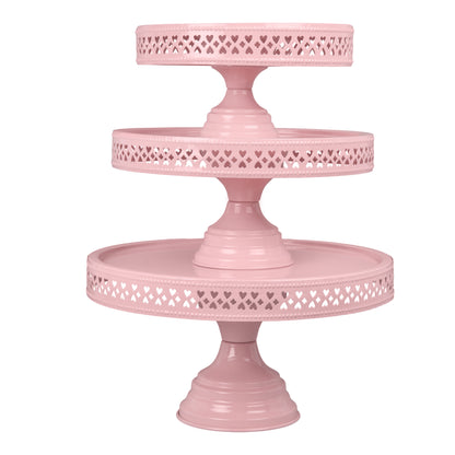 Anushka Metals Non Revolving Cake Stand Pedestal 13", 11", 9" Diameter (Top), Strong Metal (Set/3, Pink)