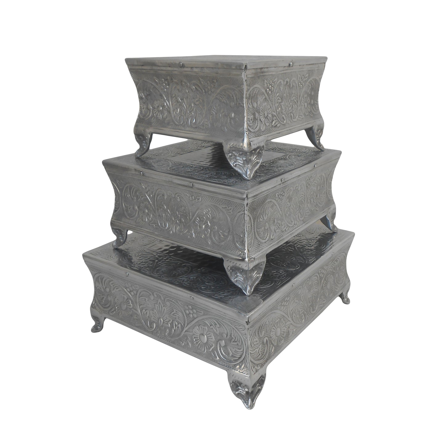 Anushka Metals Cake Stand Square Silver Finish (Set of 3 Pieces)