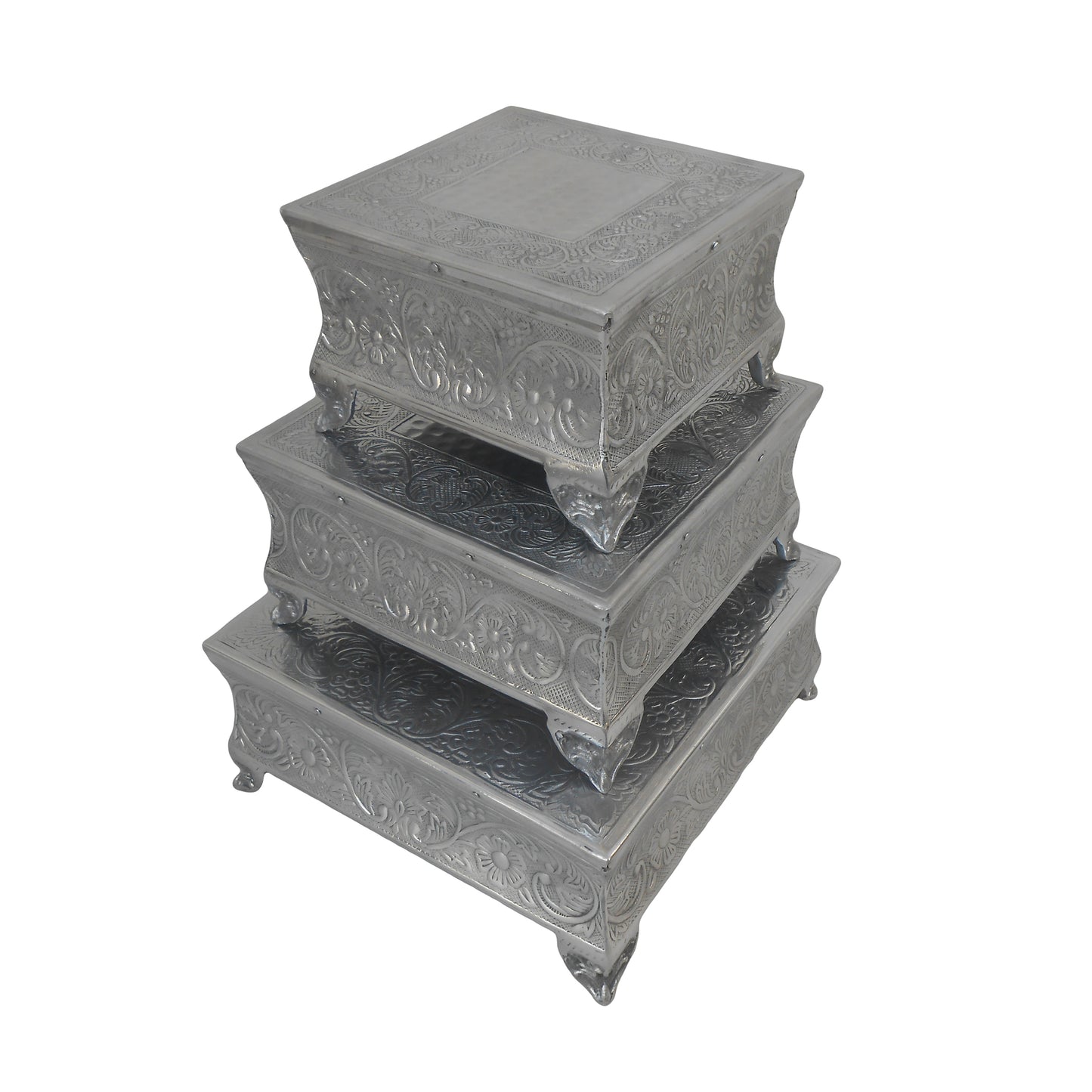 Anushka Metals Cake Stand Square Silver Finish (Set of 3 Pieces)