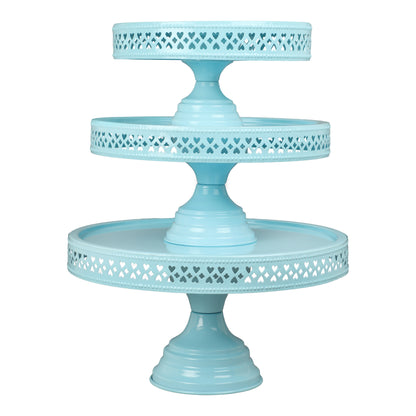 Anushka Metals Non Revolving Cake Stand Pedestal 13", 11", 9" Diameter (Top), Strong Metal (Set/3, Blue)