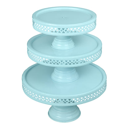 Anushka Metals Non Revolving Cake Stand Pedestal 13", 11", 9" Diameter (Top), Strong Metal (Set/3, Blue)