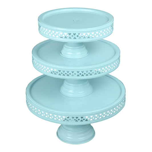 Anushka Metals Non Revolving Cake Stand Pedestal 13", 11", 9" Diameter (Top), Strong Metal (Set/3, Blue)