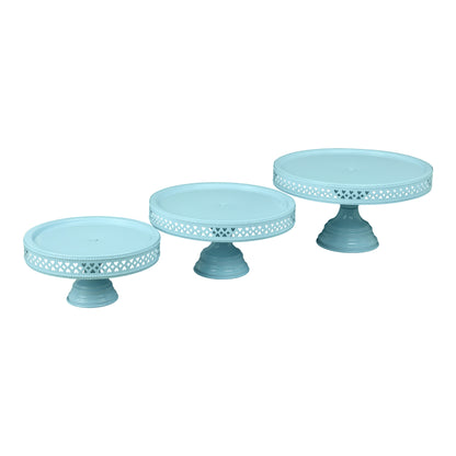 Anushka Metals Non Revolving Cake Stand Pedestal 13", 11", 9" Diameter (Top), Strong Metal (Set/3, Blue)